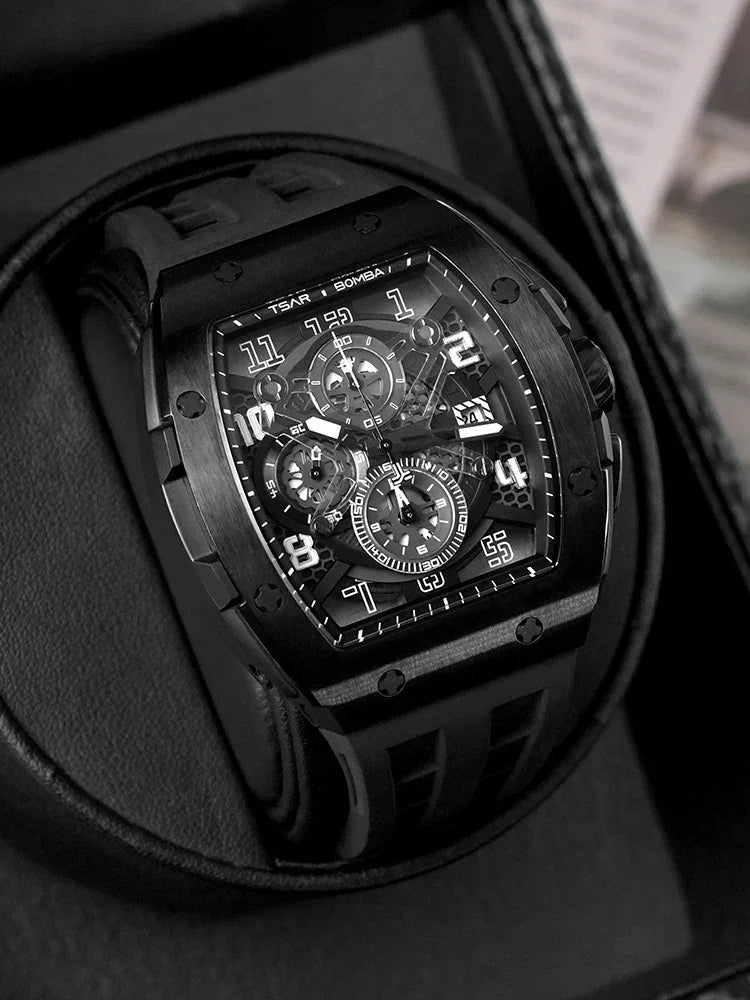 TSAR BOMBA Luxury Mens Watch Top Brand Wristwatch Tonneau Clock Rubber Strap Chronograph Sapphire Watches for Men