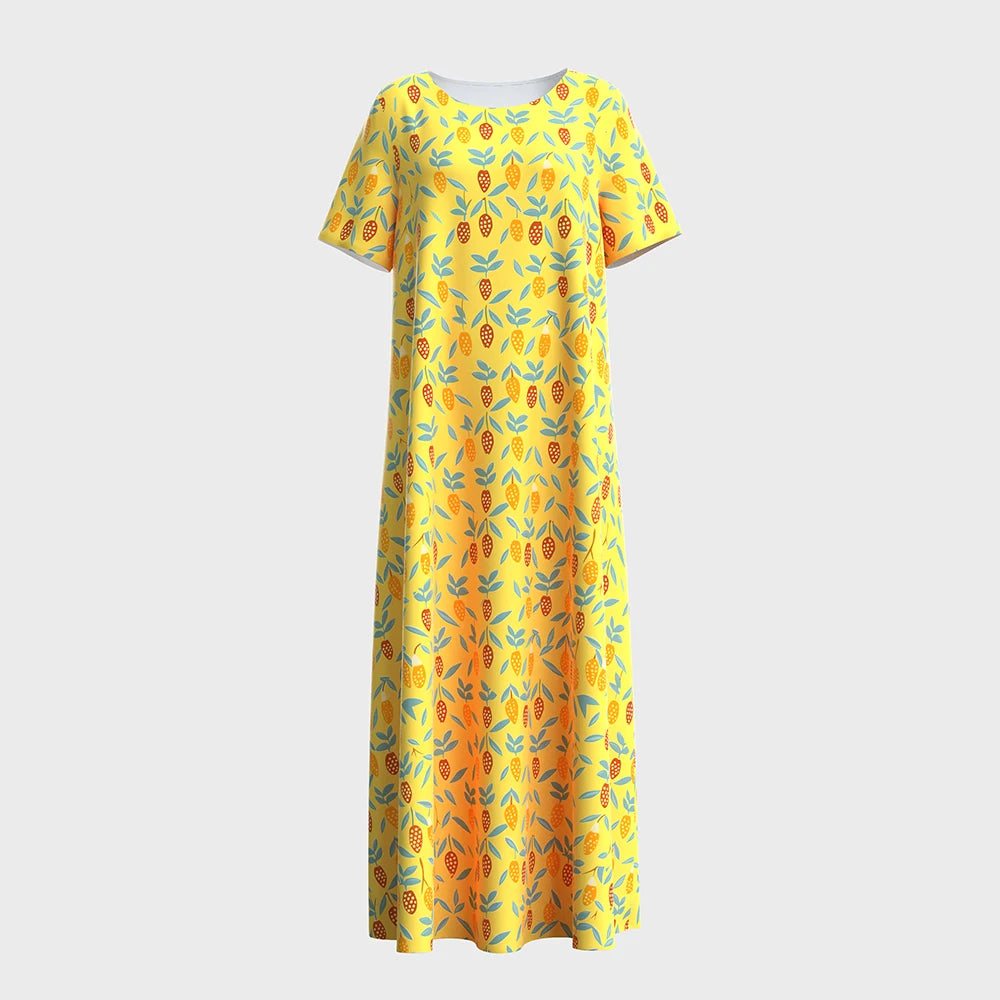 Rafiah Women's Arabian Dress Summer Cute Daily Cartoon Full Print Short Sleeve Round-Neck Midi A-Line Long Casual Dress