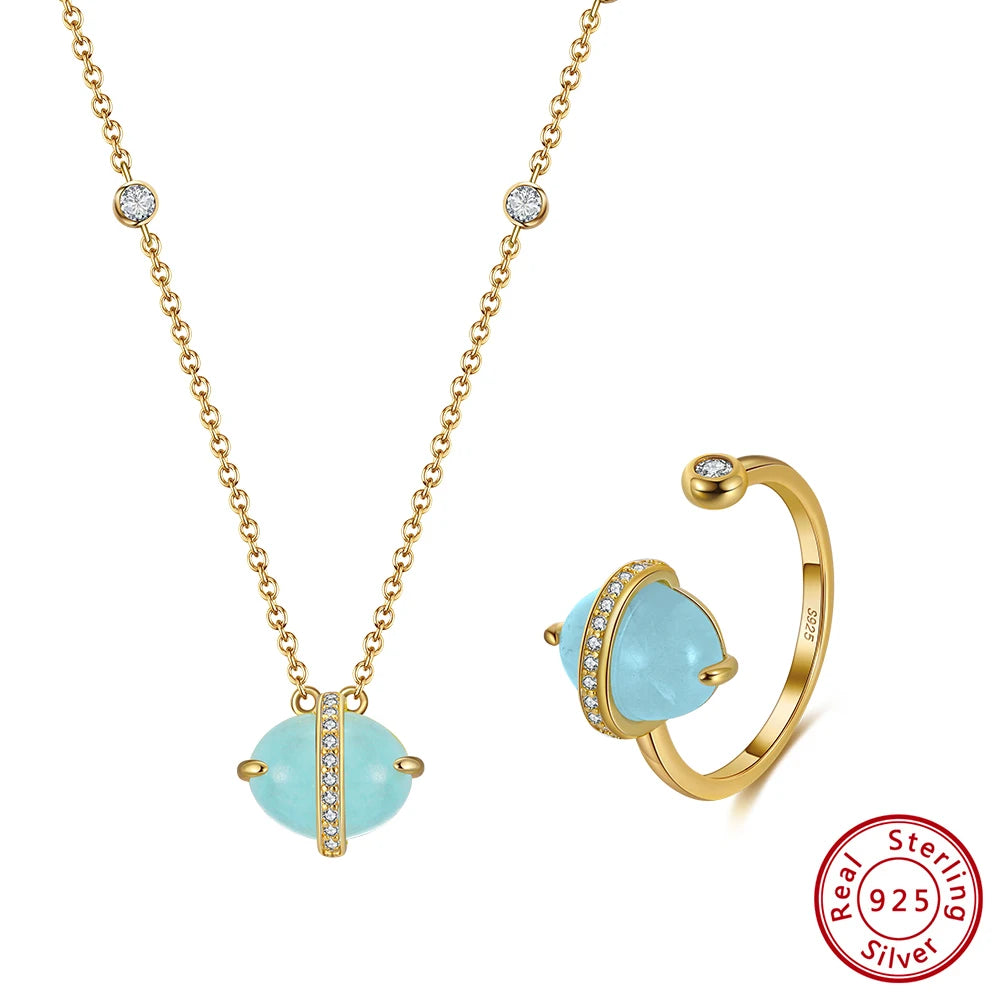 ORSA JEWELS 925 Sterling Silver Natural Aquamarine Earrings Necklace Ring Set 14K Gold Plated for Women Jewelry Sets Gift SSGM04