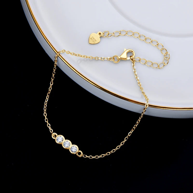 Lnngy 925 Sterling Silver Three Stone Stud Earrings Bracelets 3mm 0.1ct Moissanite Necklace Bracelet For Women Jewelry Set