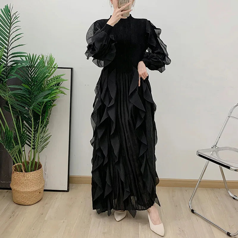 Fashion Ruffles Pleated Dress Women Round Neck Flare Sleeves Solid Maxi Belt Dresses Party 2025 Autumn New