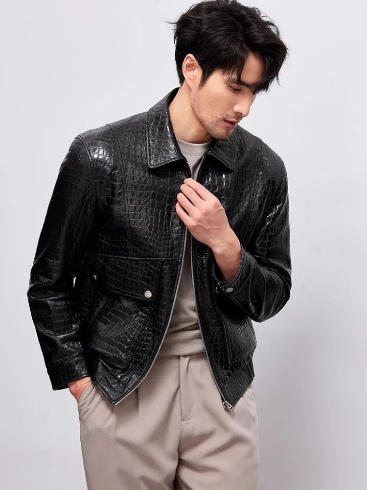 Designer Mens Genuine Leather Jacket Zipper Lapel High Quality Sheepskin Motorcycle Short Coat Spring Autumn Punk Outerwear Male
