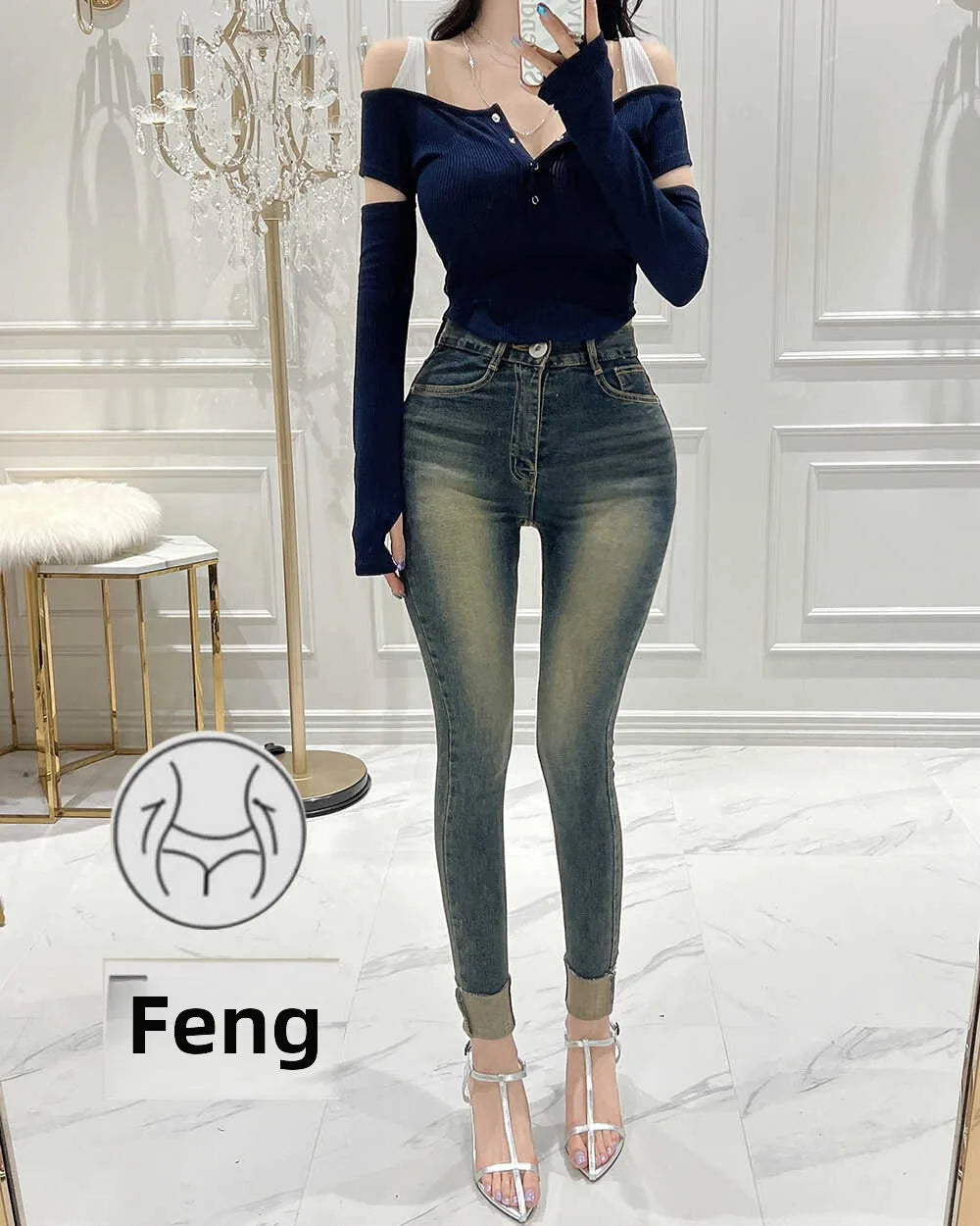 Slimming Skinny Jeans with Hip Padding Retro Nine-Piece Vintage Wear Resistant Cotton Stretch Denim Zipper Closure l Waist