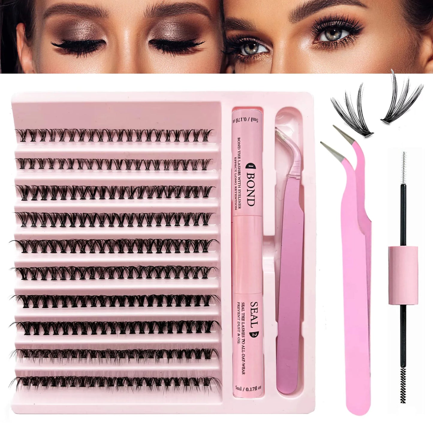 Lashes Clusters Set Extensions Kit Fake eyelashes Mix Lash Clusters with Lash Bond Seal and Lash Applicator Tool Makeup
