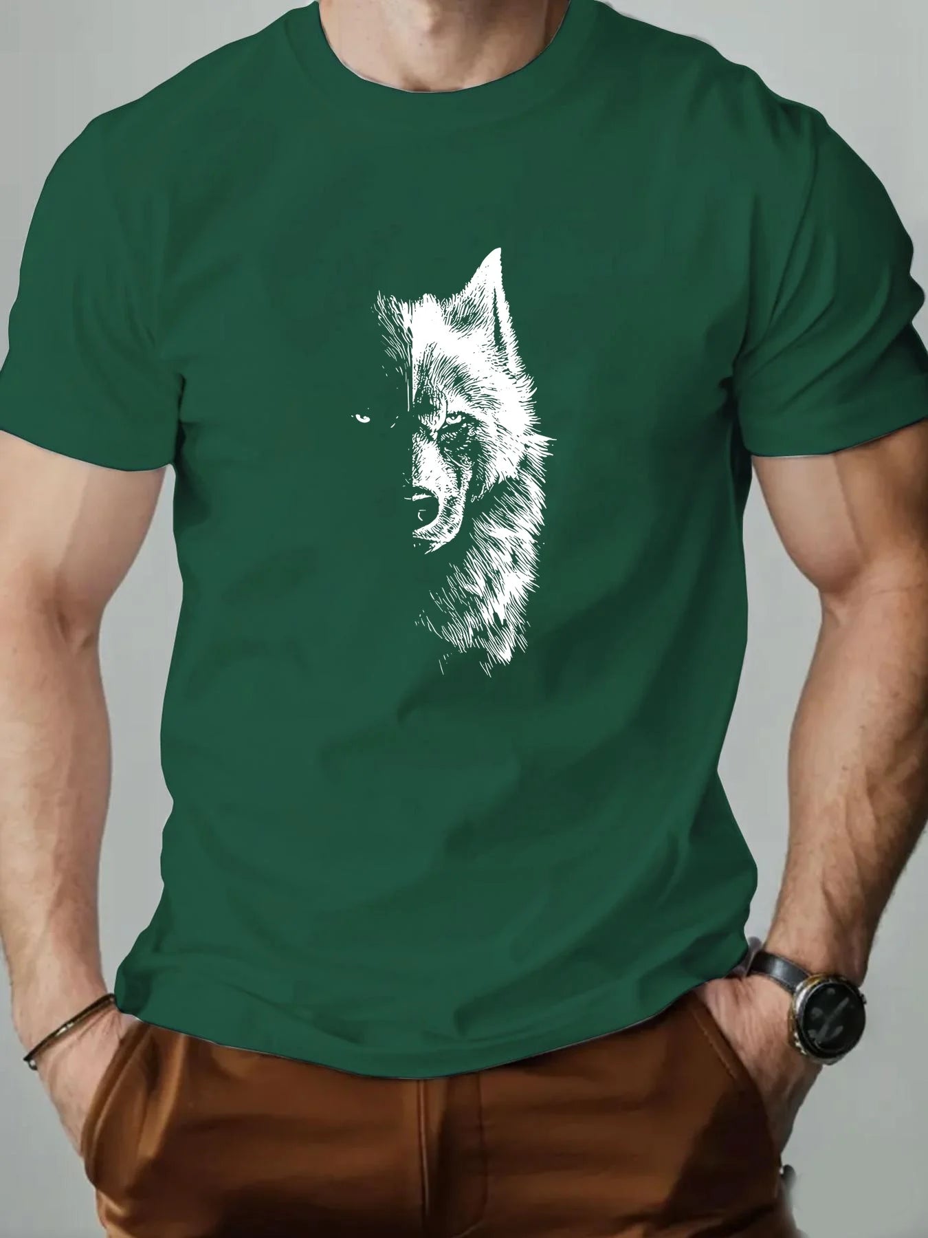 🐺 Men’s Summer 100% Cotton Casual T-Shirt,Half Wolf Pattern Print | Loose Fit | Round Neck | Breathable Comfort