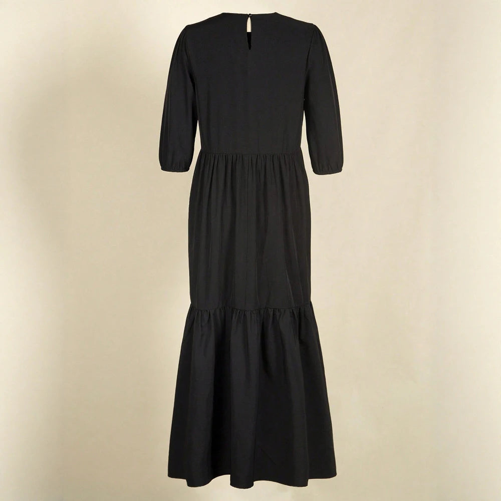 Rafiah Summer Long Dress 2025 Arabian Dress Basics Simple Solid Color Short Sleeve Crew Neck Midi A-Line Daily Dress For Women