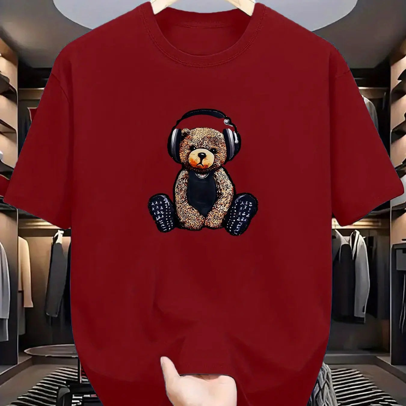 Men's Summer 100% Cotton Fashionable Casual Sports Loose Teddy Bear Headphones Print Round Neck Short Sleeve T-shirt Top