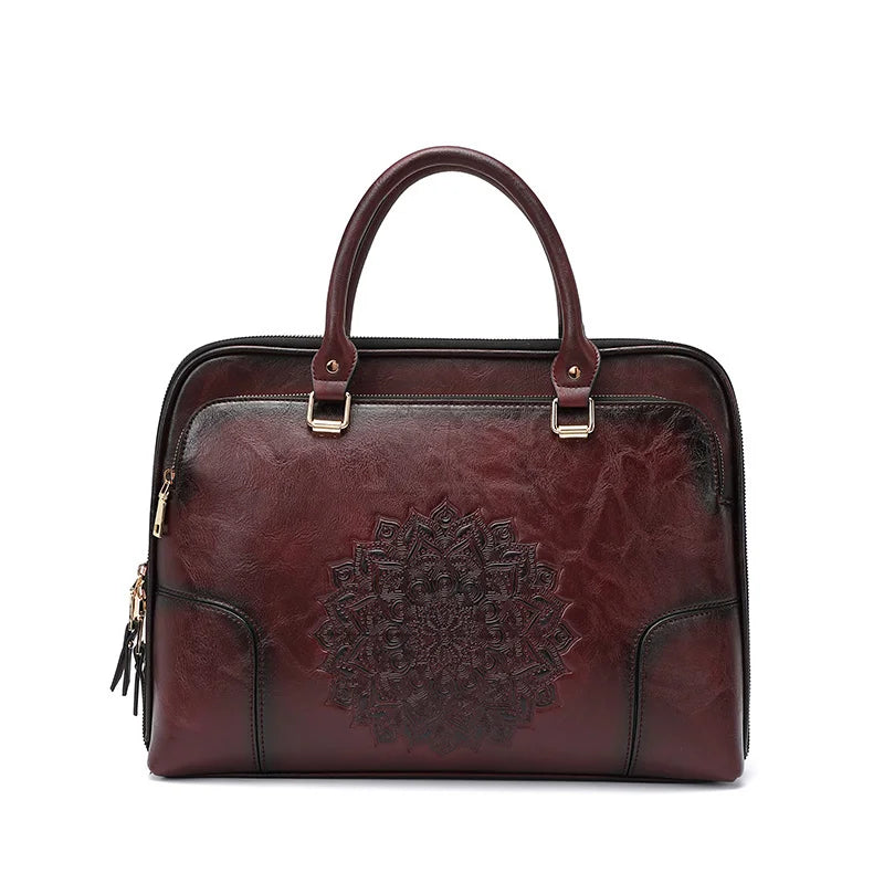 MOTAORA Genuine Leather Tote Bag for Women Embossed Cowhide Work Laptop Computer Bag Durable Office Handbag Stylish Purse