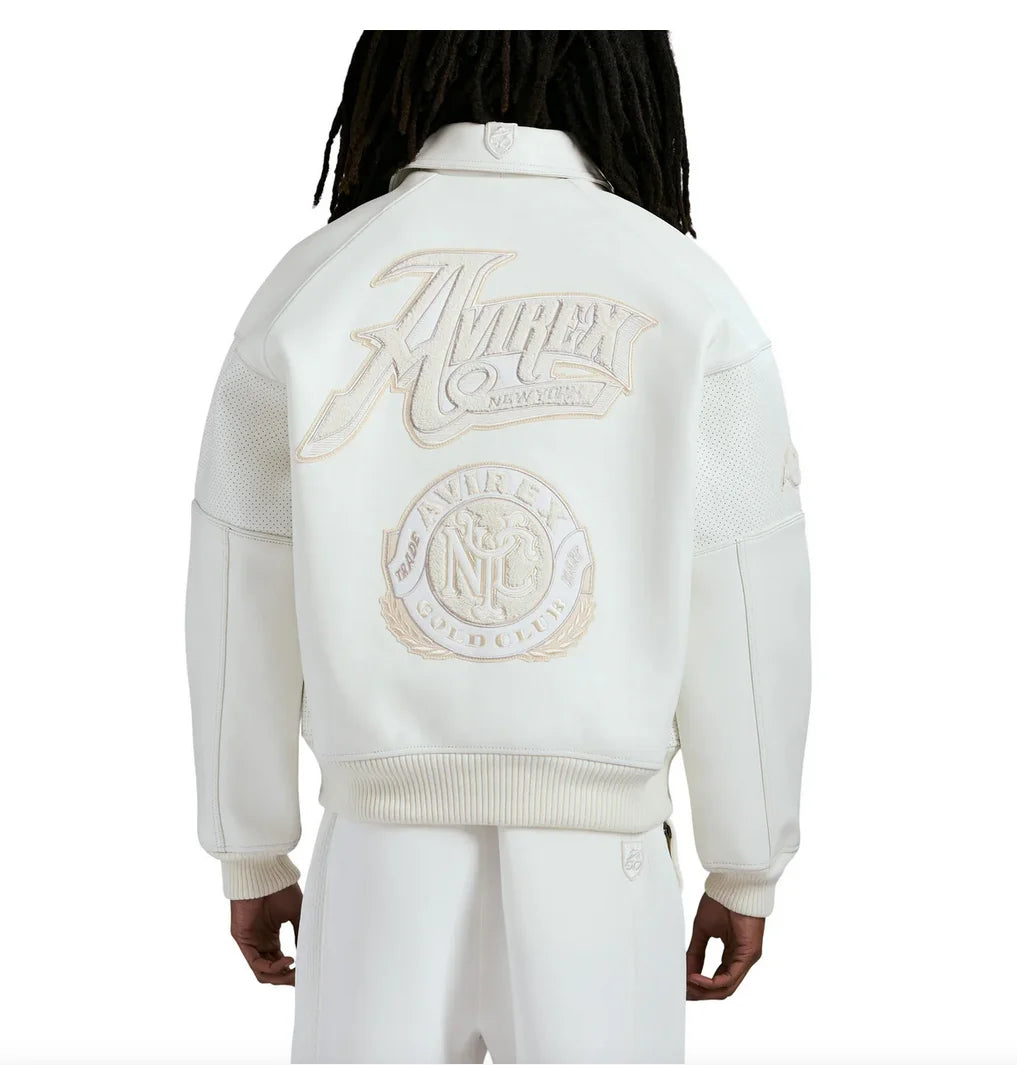 AVIREX Spring 2025 New ListingGold Club chenille embroidery100% antique European lamb leather jacket men's white leather coat