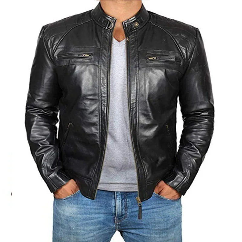 2024 New Spring and Autumn Men's Fashion Handsome Leather Coat Stand Collar Punk Motorcycle Leather Jacket Faux Leather