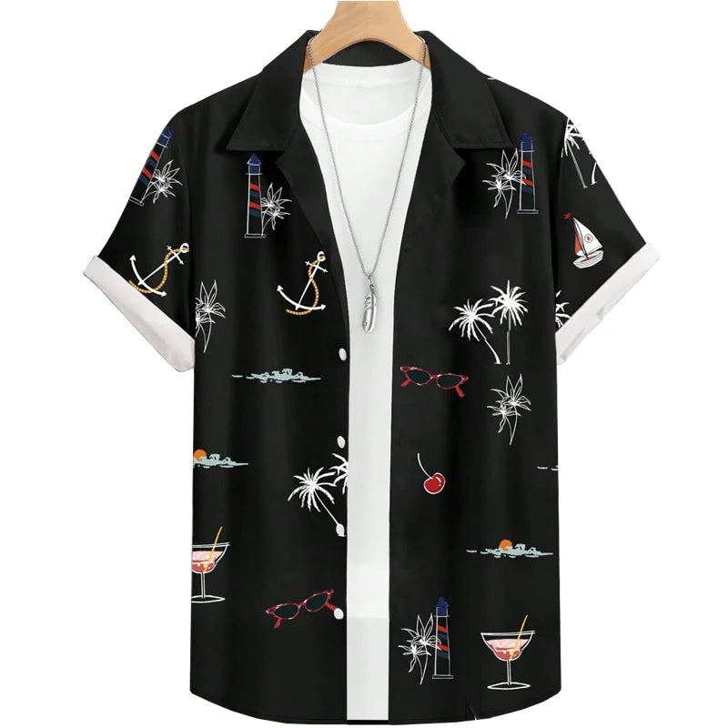 Men's Woven Fashion Casual Beach Surf Holiday Palm Tree Pattern Slim Fit Short Sleeve Shirt