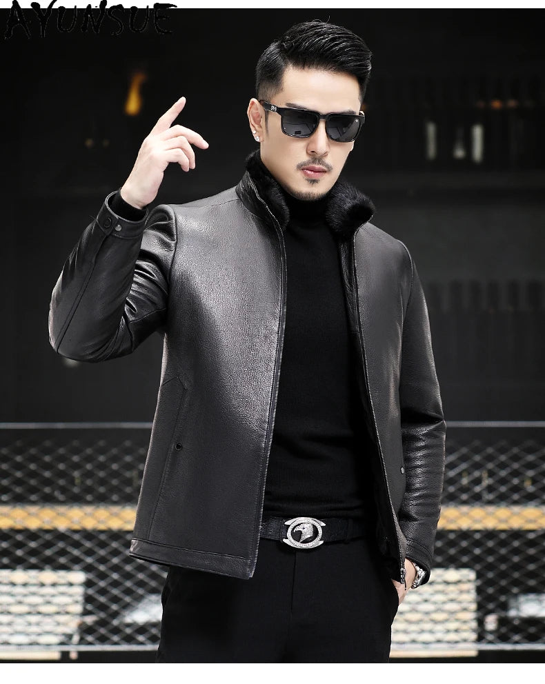 AYUNSUE 100% Real Goatskin Men Leather Jacket Stand Collar Detachable Down Liner and Mink Fur Liner Jackets Winter Mens Fur Coat