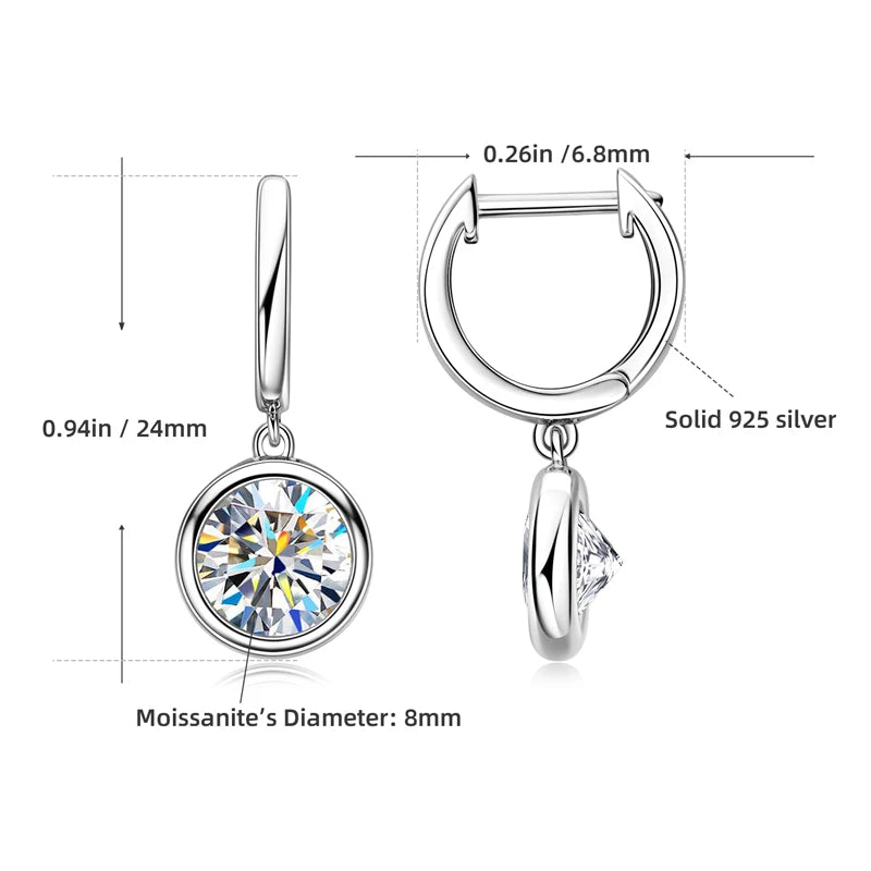 Lnngy 925 Sterling Silver Dangle Earring 1CT 2CT Round Bezel Setting Moissanite Drop Earrings For Women Girl Birthday Party Gift