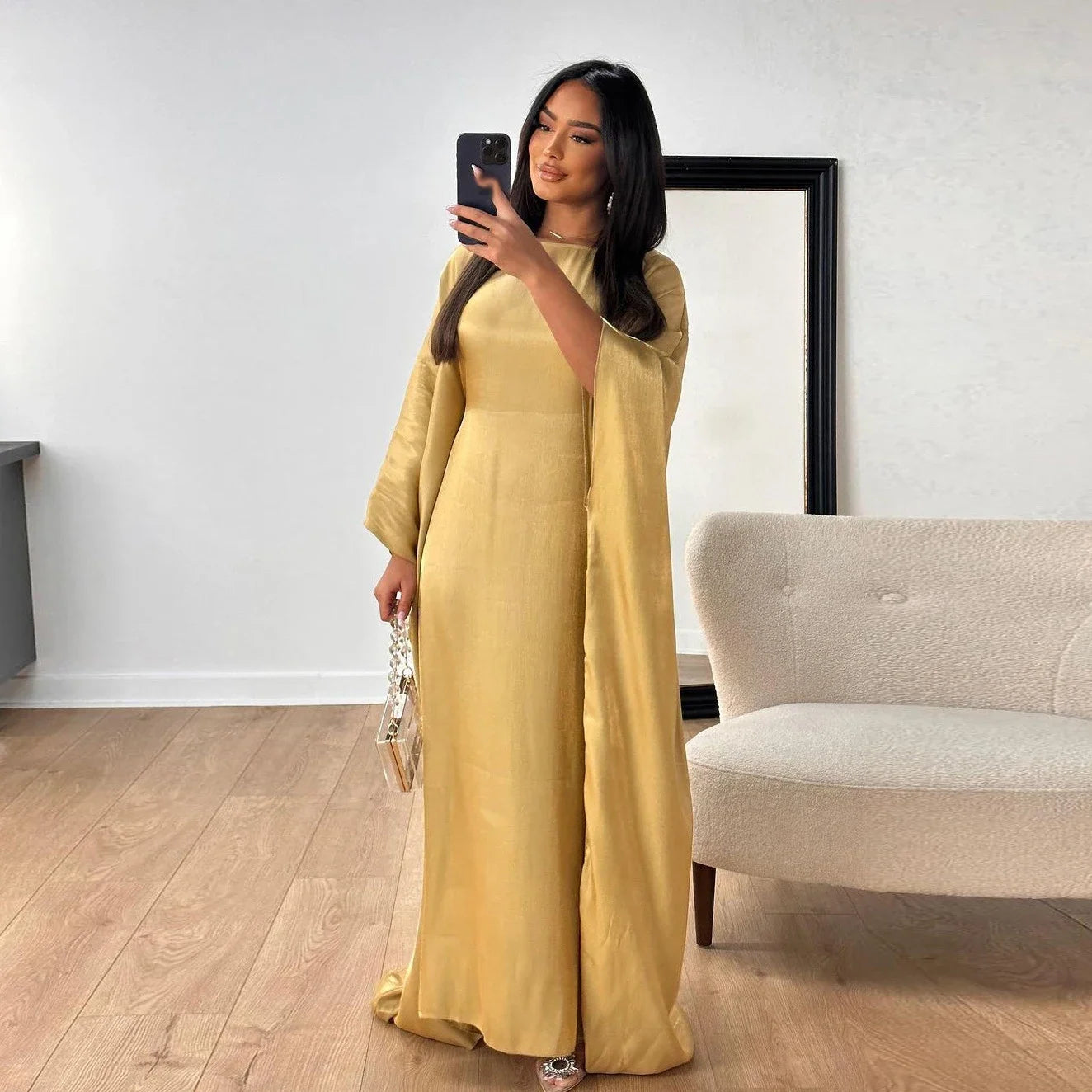 Batwing Butterfly Sleeve Satin Dress Abaya Dubai Muslim Maxi Dress Kaftan Abayas for Women Kebaya Caftan Robe Femme Vestidos
