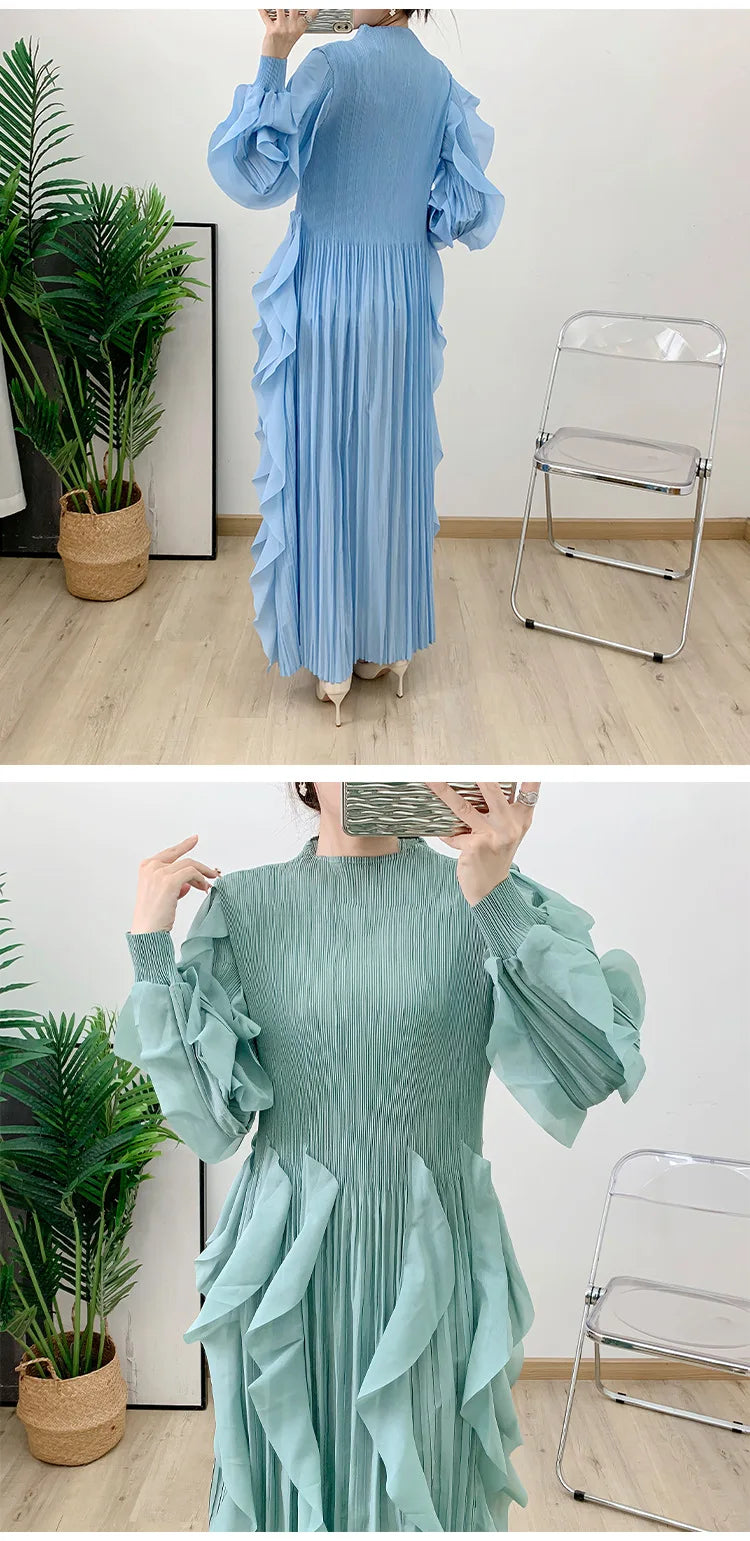 Fashion Ruffles Pleated Dress Women Round Neck Flare Sleeves Solid Maxi Belt Dresses Party 2025 Autumn New