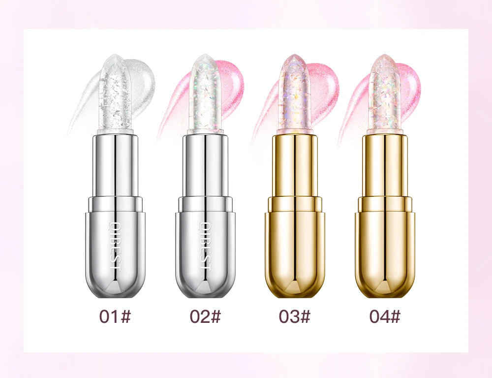 QIBEST Glitter Lipstick Lip Balm Color Change Transparent Moisturizing Crystal Jelly Pearlescent Lip Plumper Gloss Tint Cosmetic