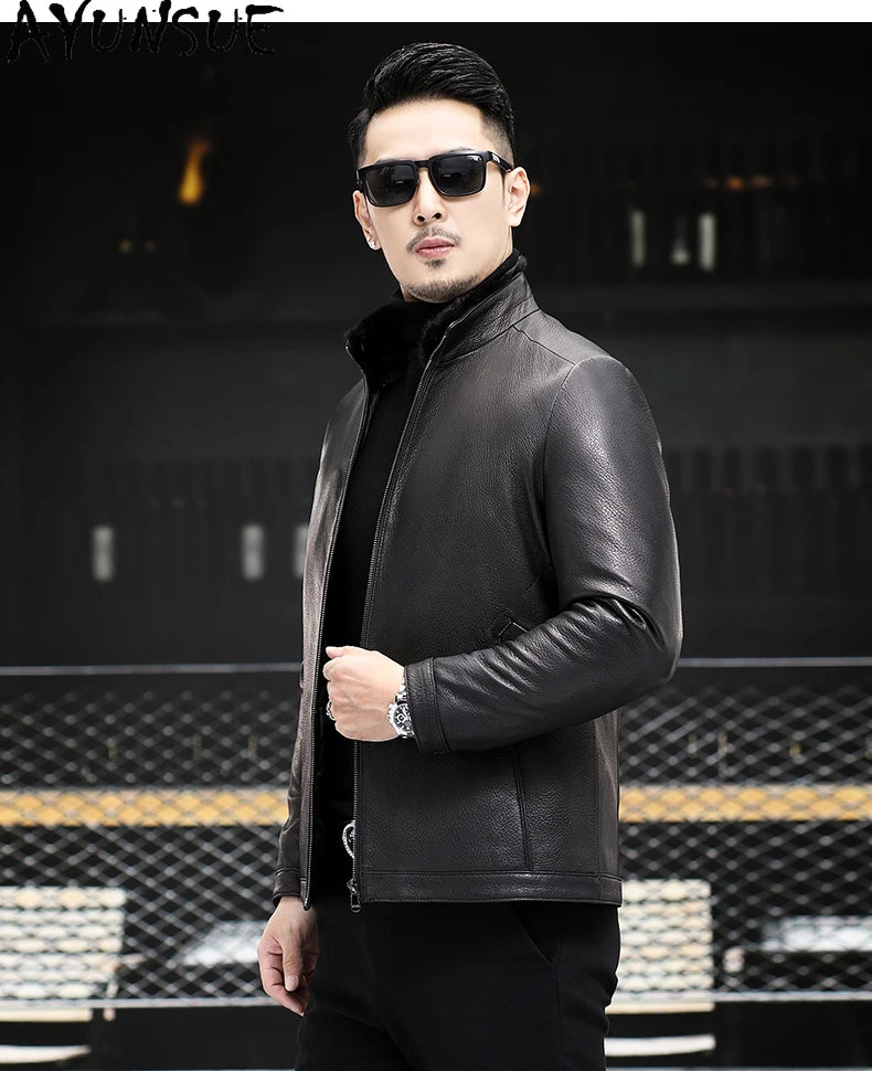 AYUNSUE 100% Real Goatskin Men Leather Jacket Stand Collar Detachable Down Liner and Mink Fur Liner Jackets Winter Mens Fur Coat