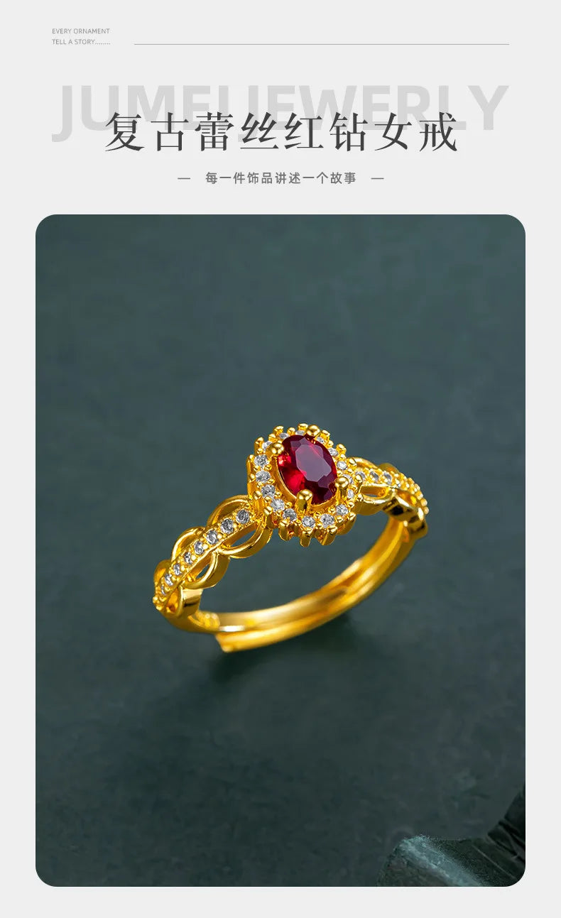 9999 24K real gold store, same gold women's ring, lively ruby, luxurious and beautiful jewelry