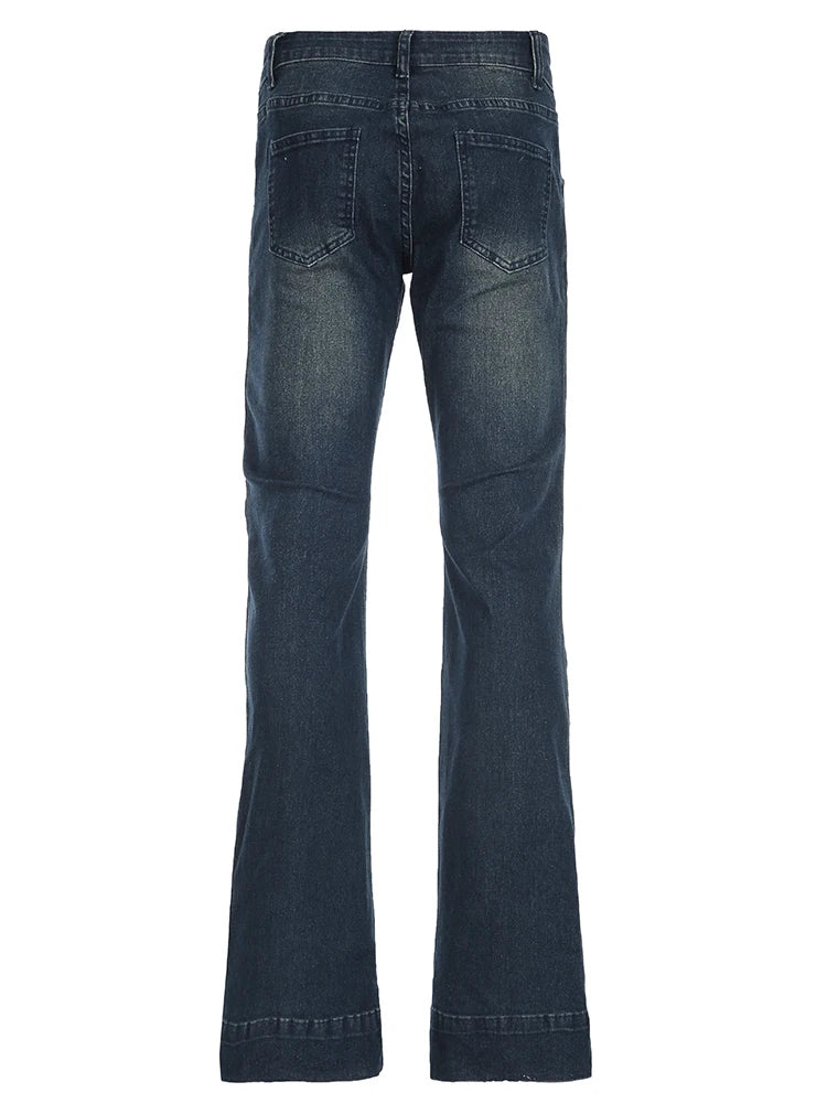 Weekeep Streetwear Low Rise Flared Jeans y2k Vintage Slim-fitting All-match Blue Denim Pants 2000s Casual Women's Jeans Harajuku