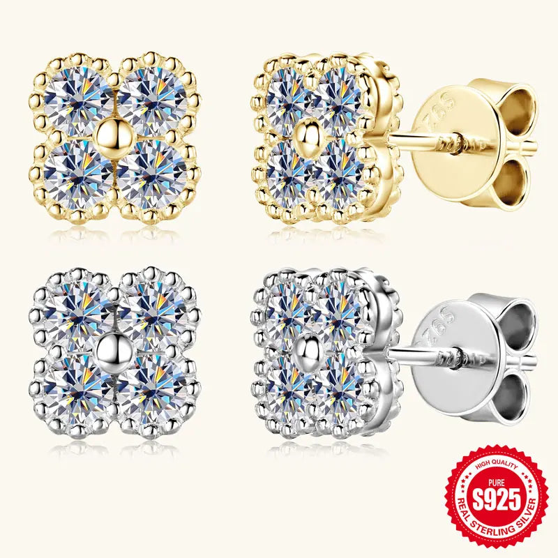 Lnngy Certified Four Leaf Clover 3mm Moissanite Earrings For Women 925 Sterling Silver Stud Earrings Moissanites Jewelry Gift