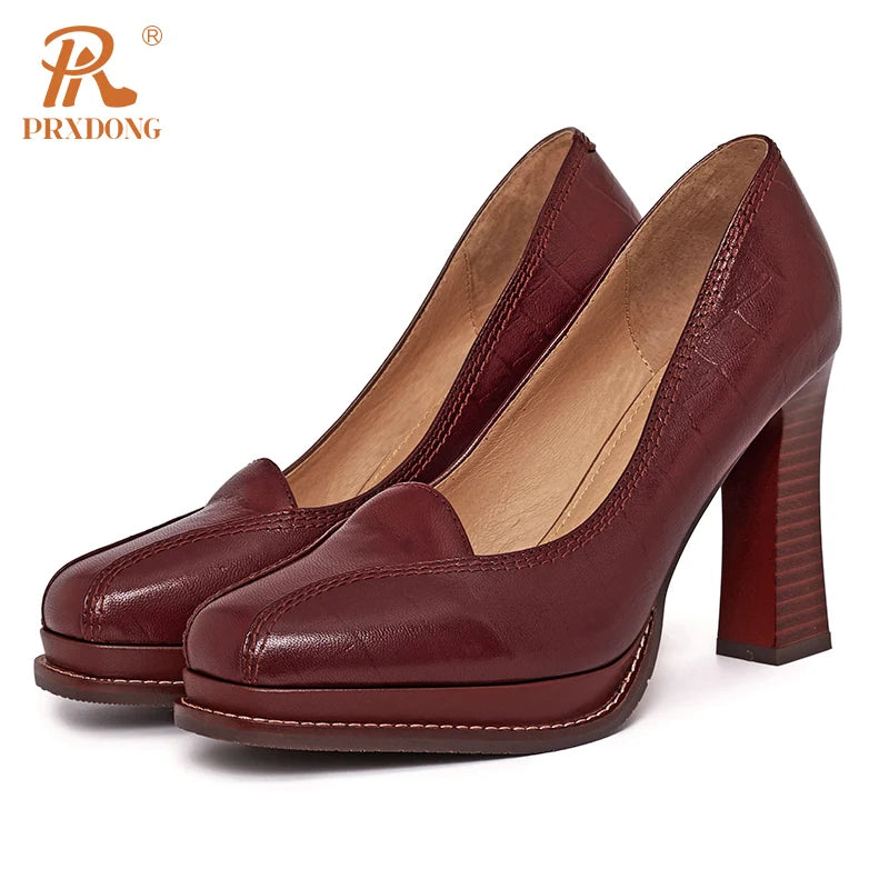 Women’s Genuine Leather Retro Platform High Heels – Black & Brown