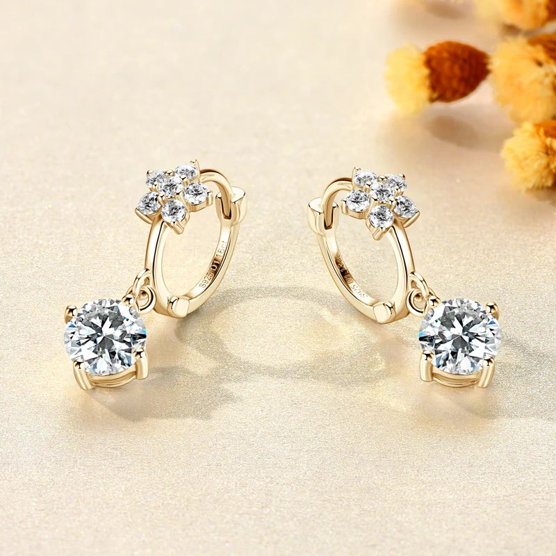 Lnngy Moissanite Flower Earrings For Women 925 Sterling Silver Round Cut Moissanita Dangle Earring Wedding Party Jewelry Gift