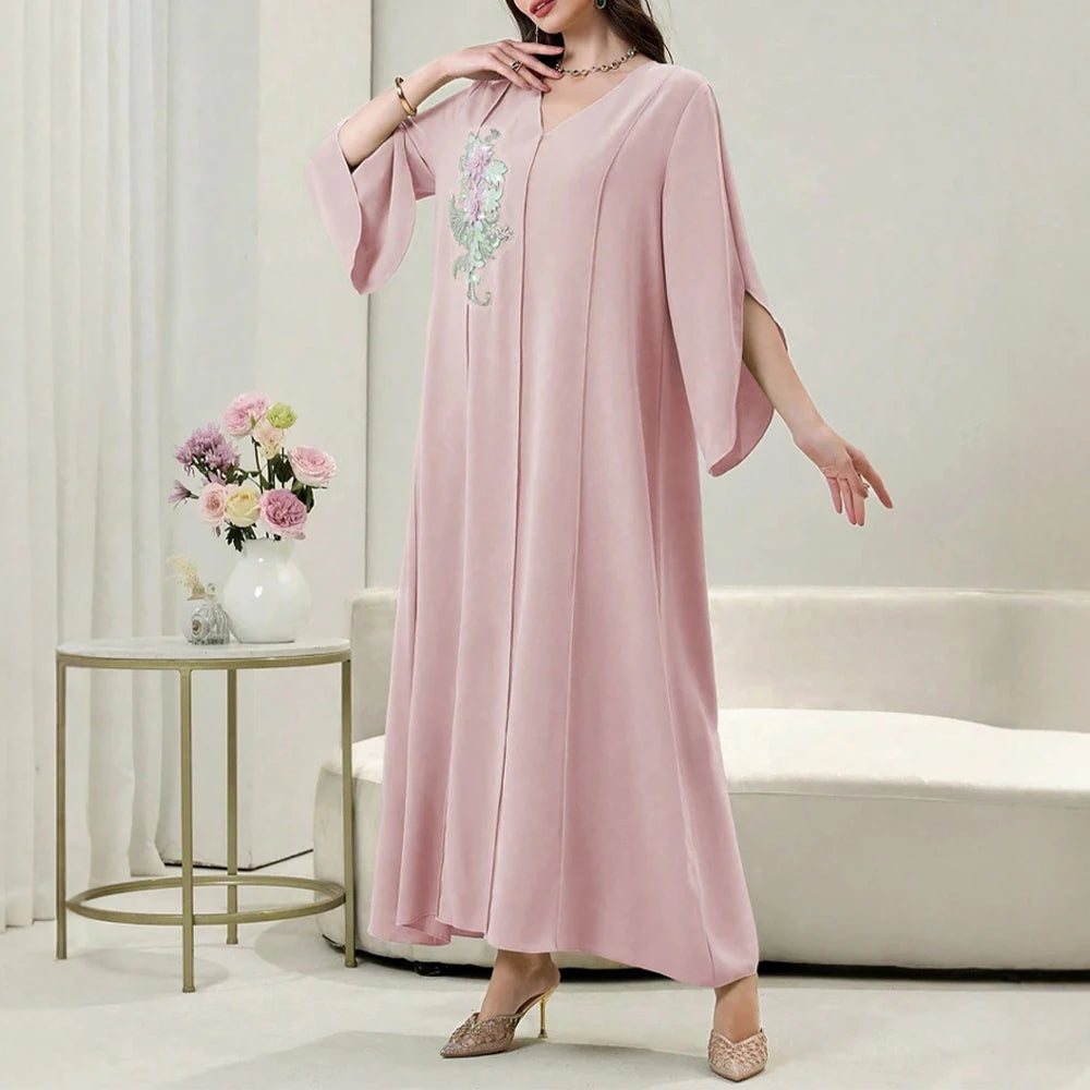 Rafiah Summer Dresses 2025 Women's Appliques Plain Draped Long Flare Sleeve V-Neck Loose Fit Basics Arabian Midi Dress