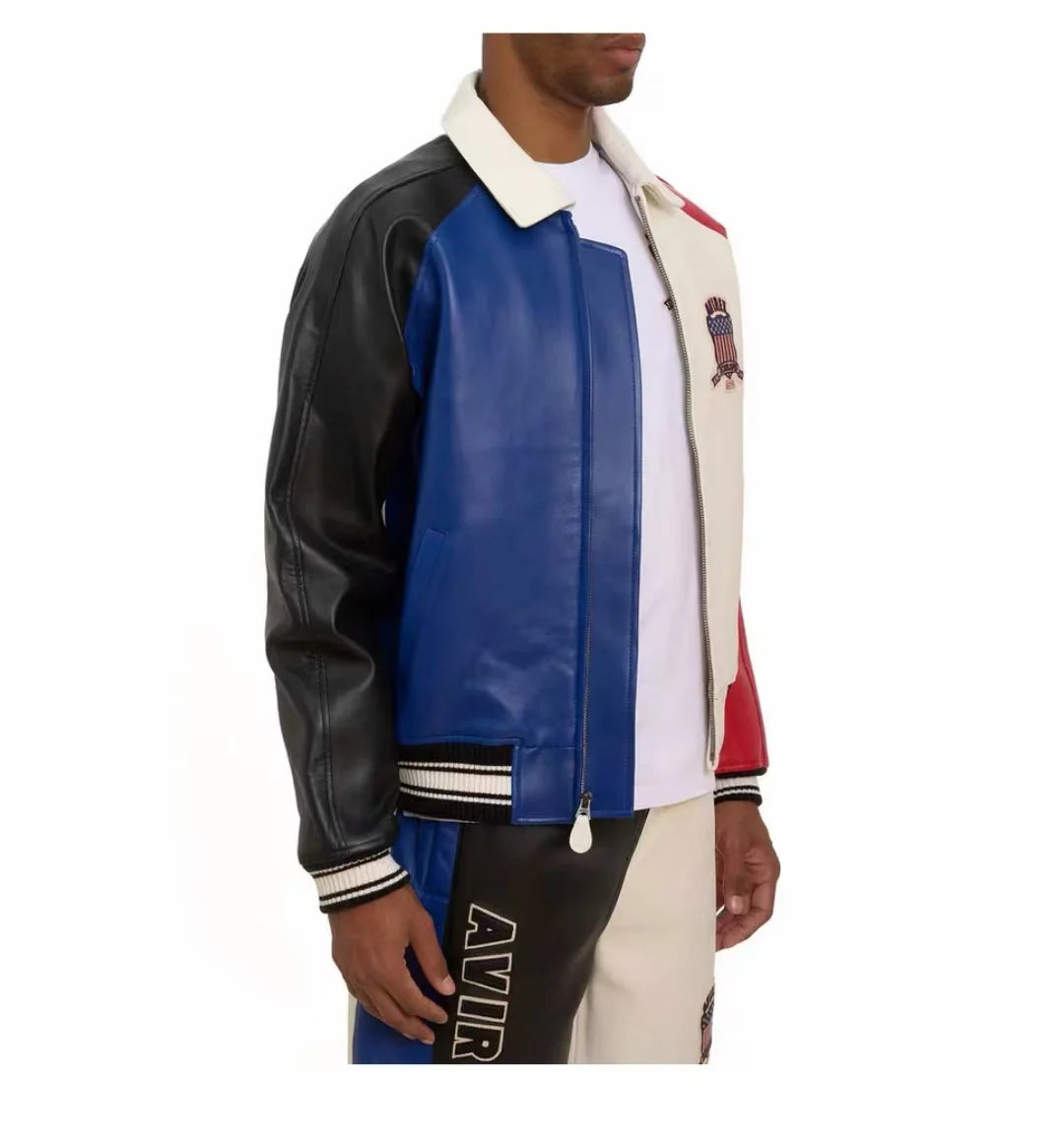 Avirex Colorblocked Men's French Sheepskin Jacket Flight Suit Genuine Leather Leather Jackets US Size Fashion Casual Coat tops