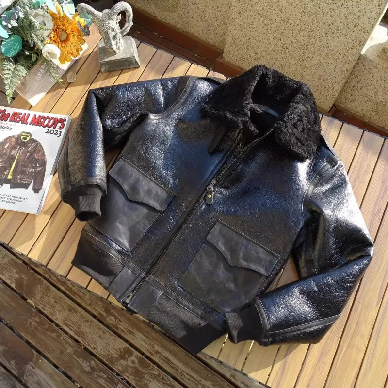 Mens Oil Waxed Sheepskin Motorcycle Short Coat Lapel Winter Real Fur Jackets Warm Wool Lining Genuine Leather Pilot Jacket Male