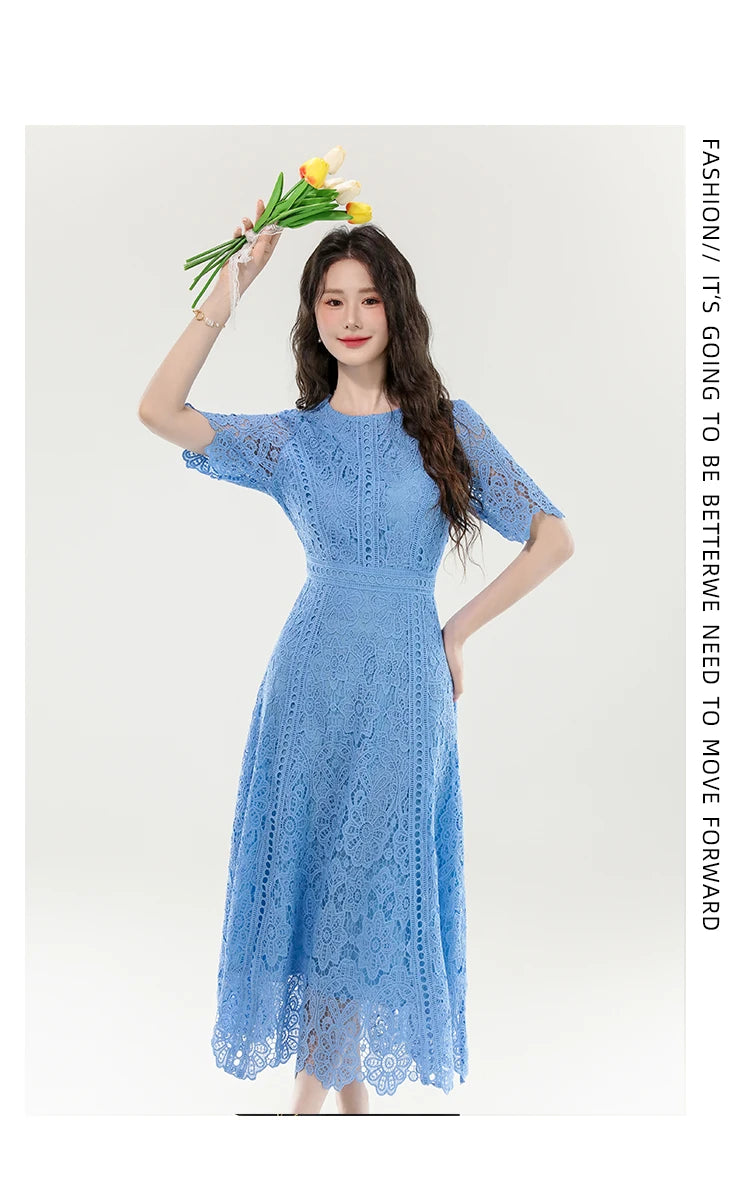 2025 New Summer French Elegant Fashion Evening Dress Women Lace Hollow Out Crochet Party Dress Casual Chic Holidays Clothing