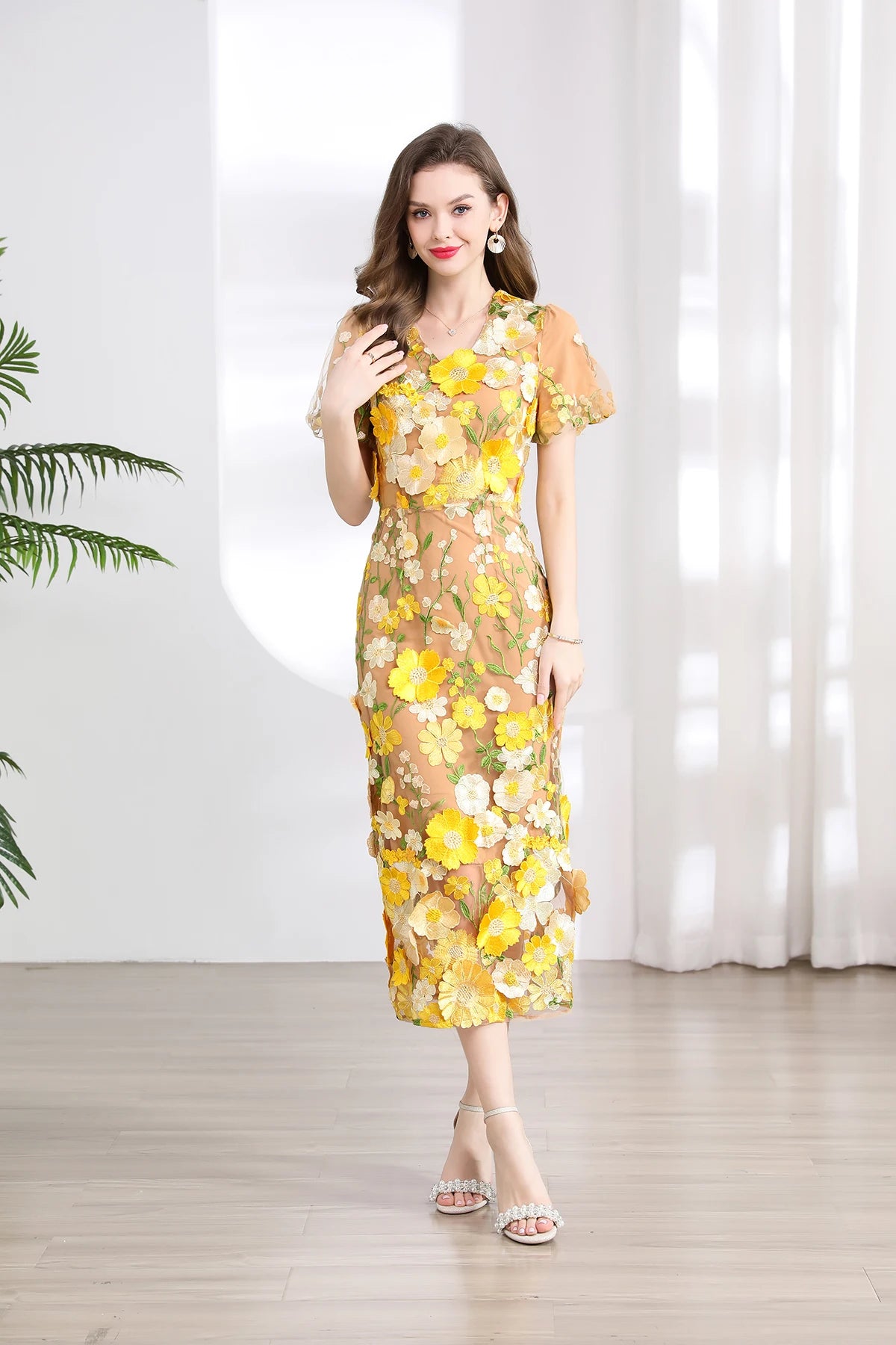 Summer High-end Embroidery Lace Prom Dress Women French Luxury 3D Flower Short Sleeve Long Dress Party Bodycon Holiday Vestido
