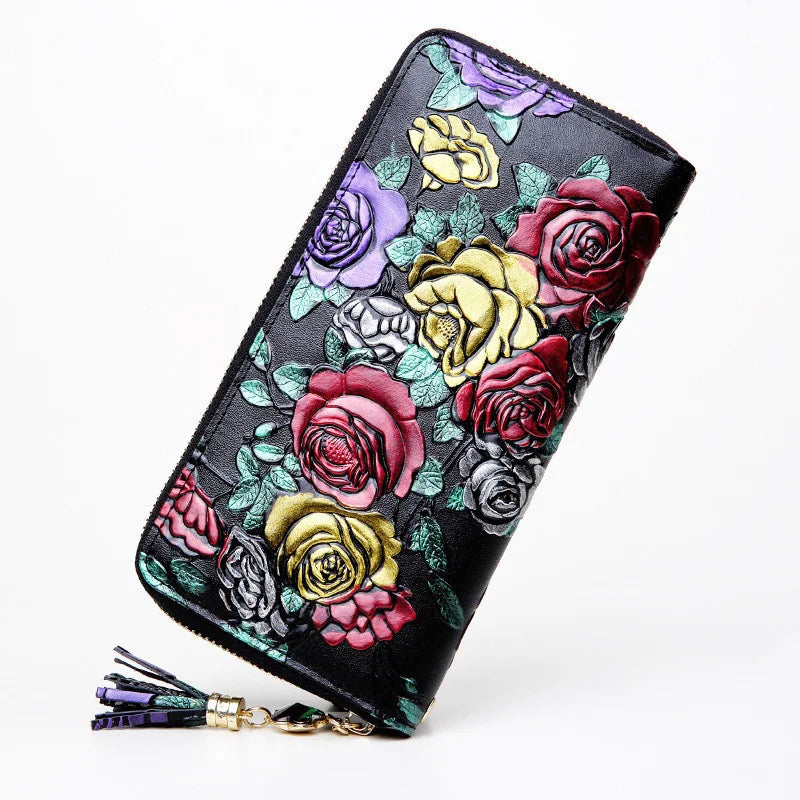 MOTAORA Retro Genuine Leather Women Wallet Large Capacity Ladies Card Holder Purse Floral Leather Wallets Long Female Coin Purse