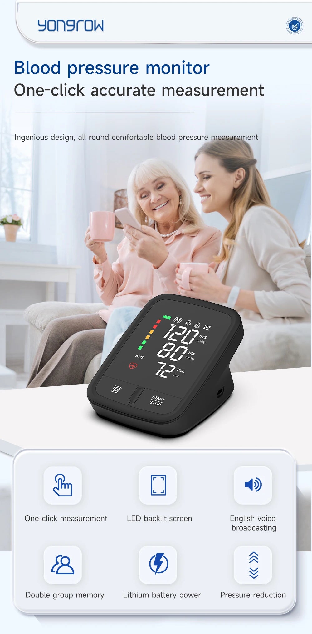 🩺 Yongrow Voice Portable Upper Arm Blood Pressure Monitor,LED Display | Rechargeable | Digital Tonometer | Voice Broadcast | Arm Sphygmomanometer