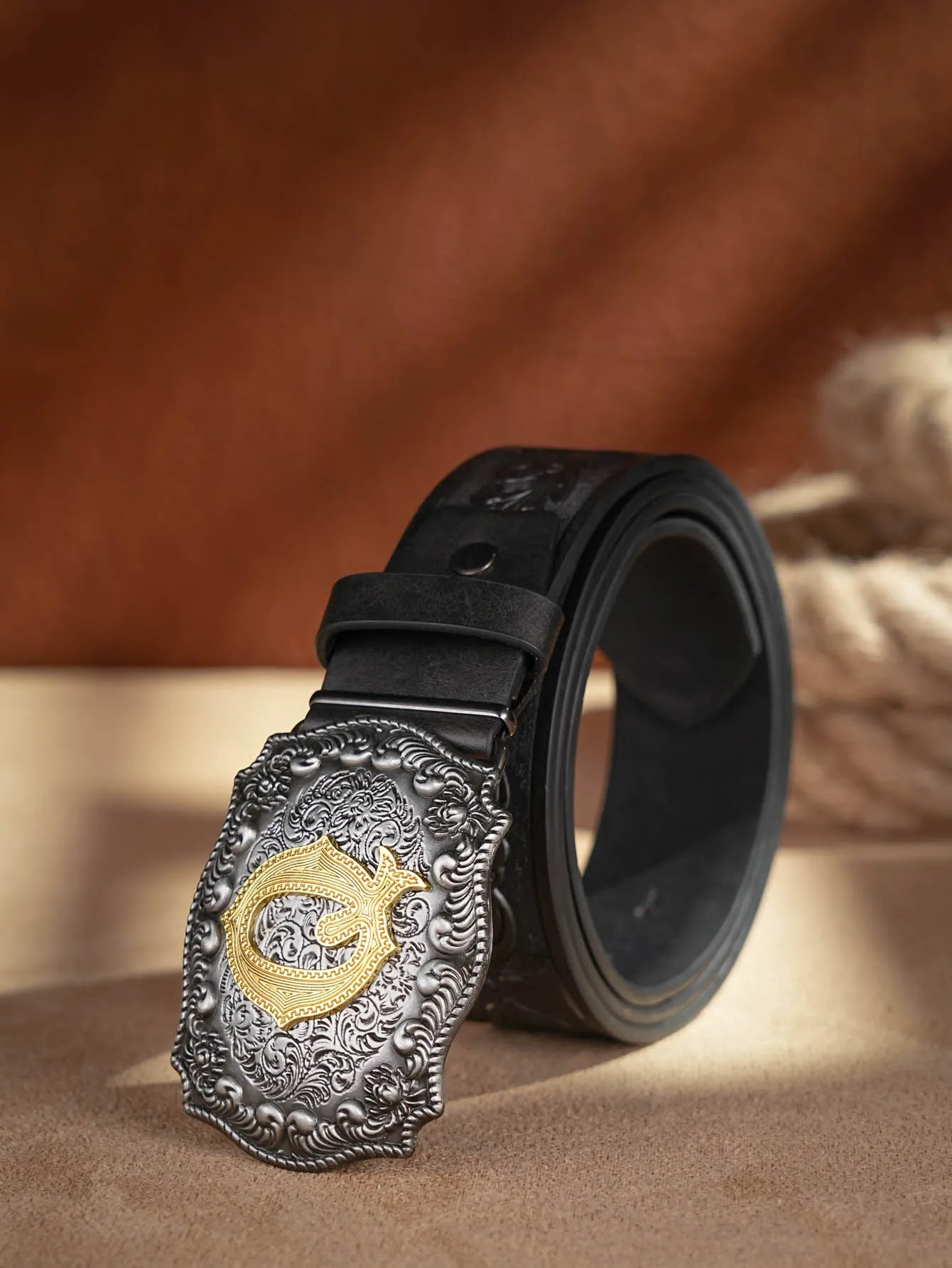 Western Cowboy PU Leather Belt - Men Waist Strap Bull Decoration Floral Engraved for Jeans