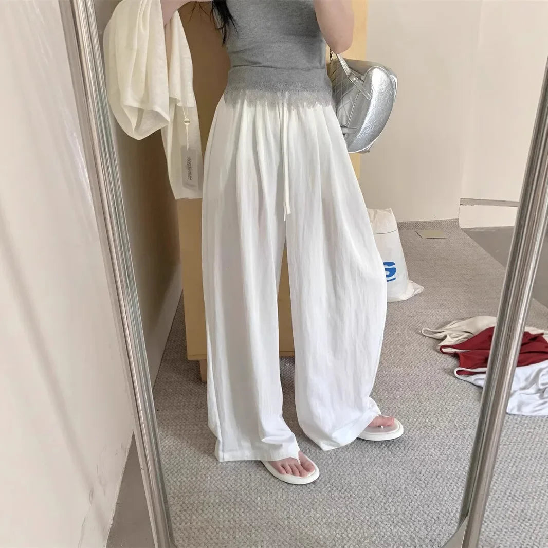 Slimming Wide Leg Cotton Linen Loose Fit Thin High Waist Casual Solid Color Summer Trousers for Women Elegant Drapey Style