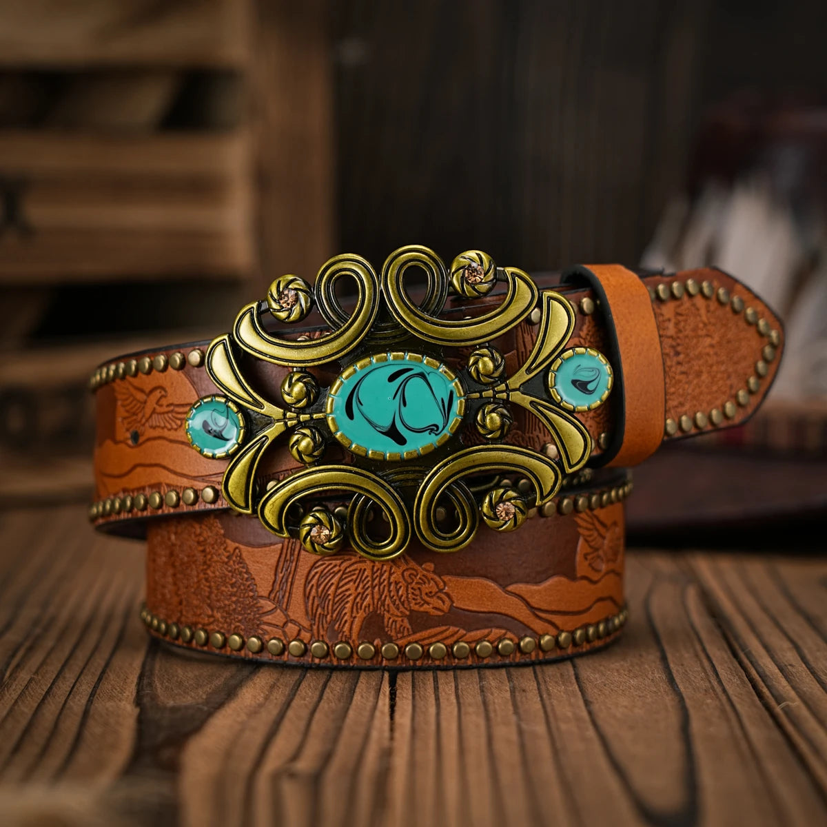 Men - Women - Western Denim - pu leather - Belt - Vintage jeans with floral carved buckle belt