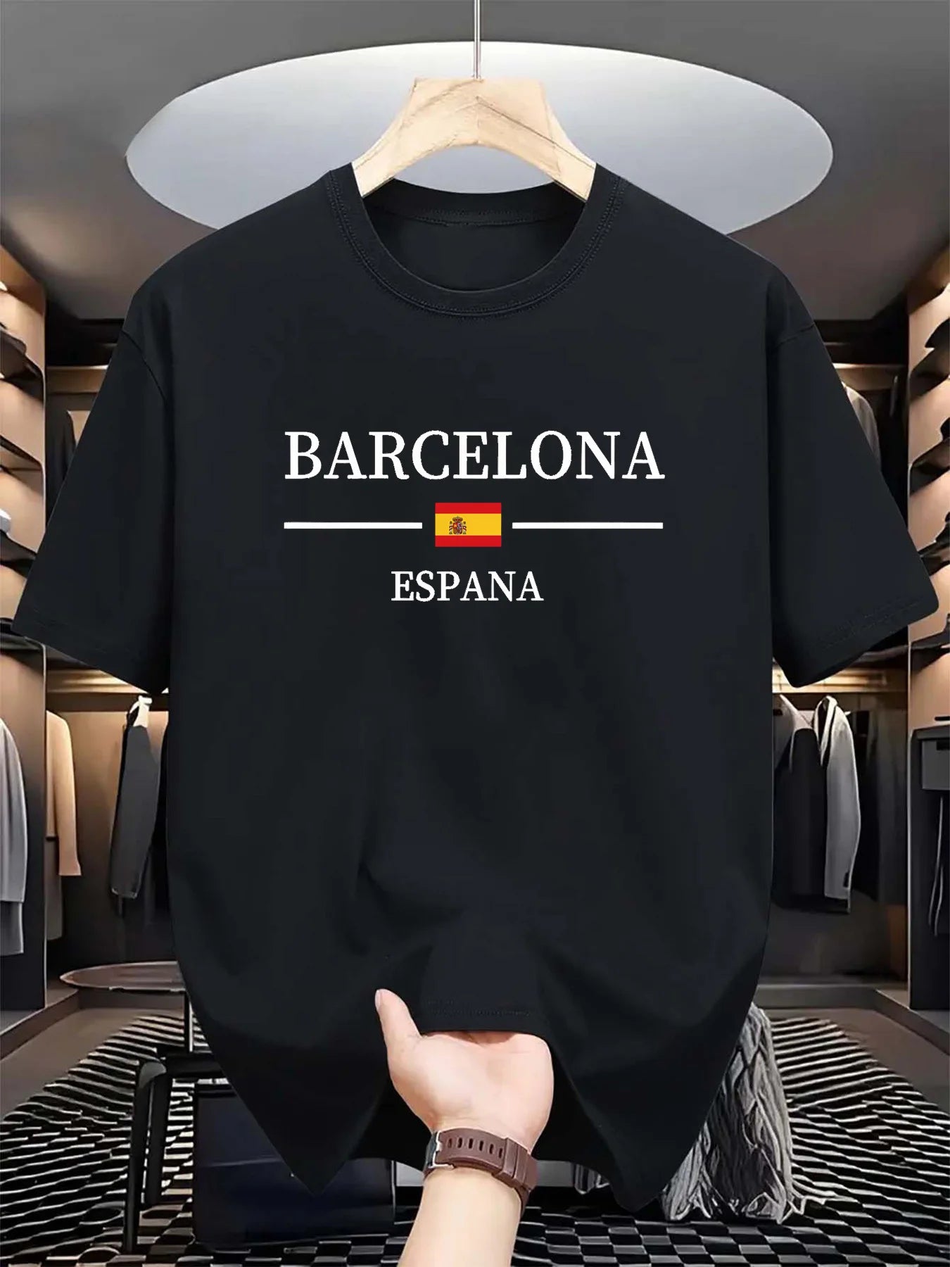Summer men's 100% pure cotton casual sports loose Barcelona Spanish letter printed comfortable round neck short sleeved T-shirt