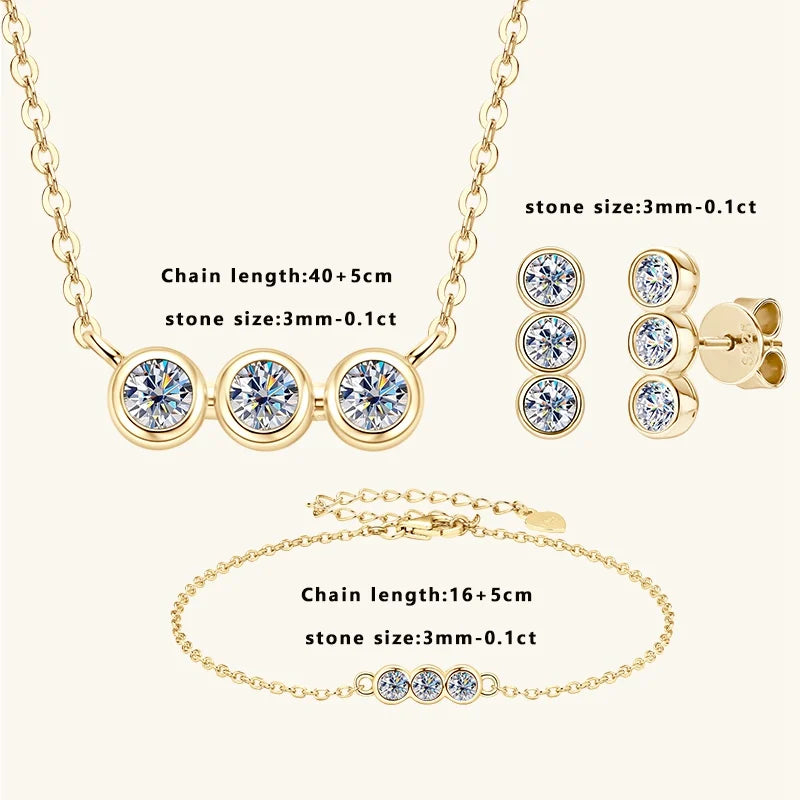 Lnngy 925 Sterling Silver Three Stone Stud Earrings Bracelets 3mm 0.1ct Moissanite Necklace Bracelet For Women Jewelry Set