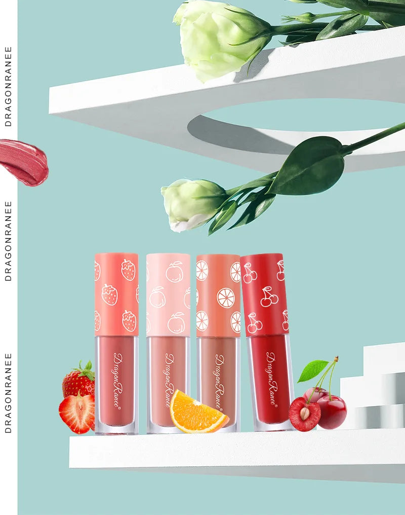 Mini Velvet Matte Lip Gloss Set, 4-Piece Non-Fading, Non-Stick Cup, Long-Lasting Fruit Scented Lip Tint, Smooth and Lightweight