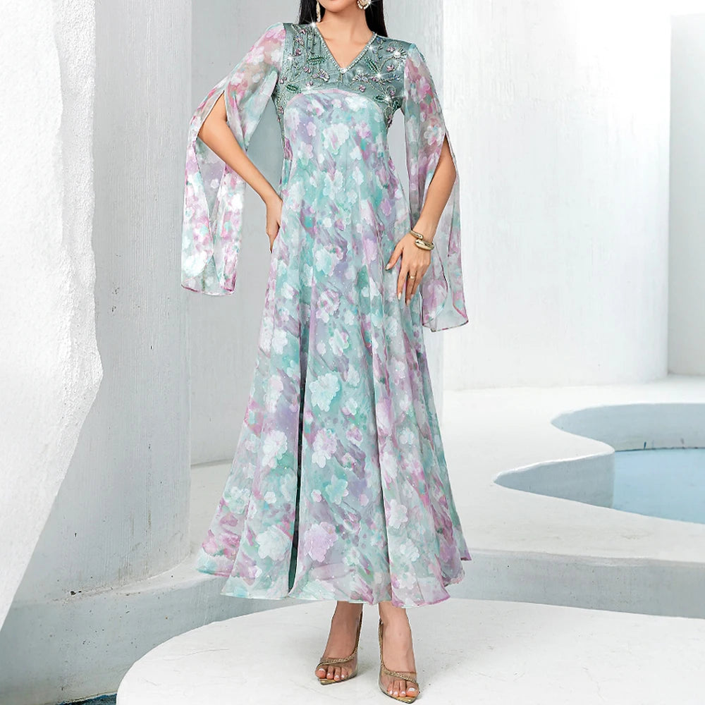 Rafiah Summer Dress 2025 Women's Elegant Embroidered Flares Long Sleeve V-Neck Dating A-Line Long Arabian Dress