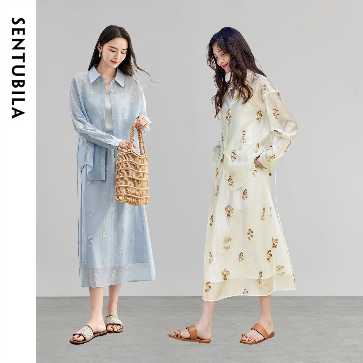 Two women wearing long, light-colored dresses with floral patterns, standing against a plain background. The brand 'SENTUBILA' is visible on the left side of the image.
