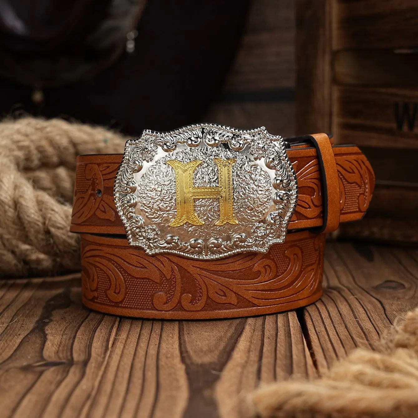 Western Cowboy PU Leather Belt - Men Waist Strap Bull Decoration Floral Engraved for Jeans