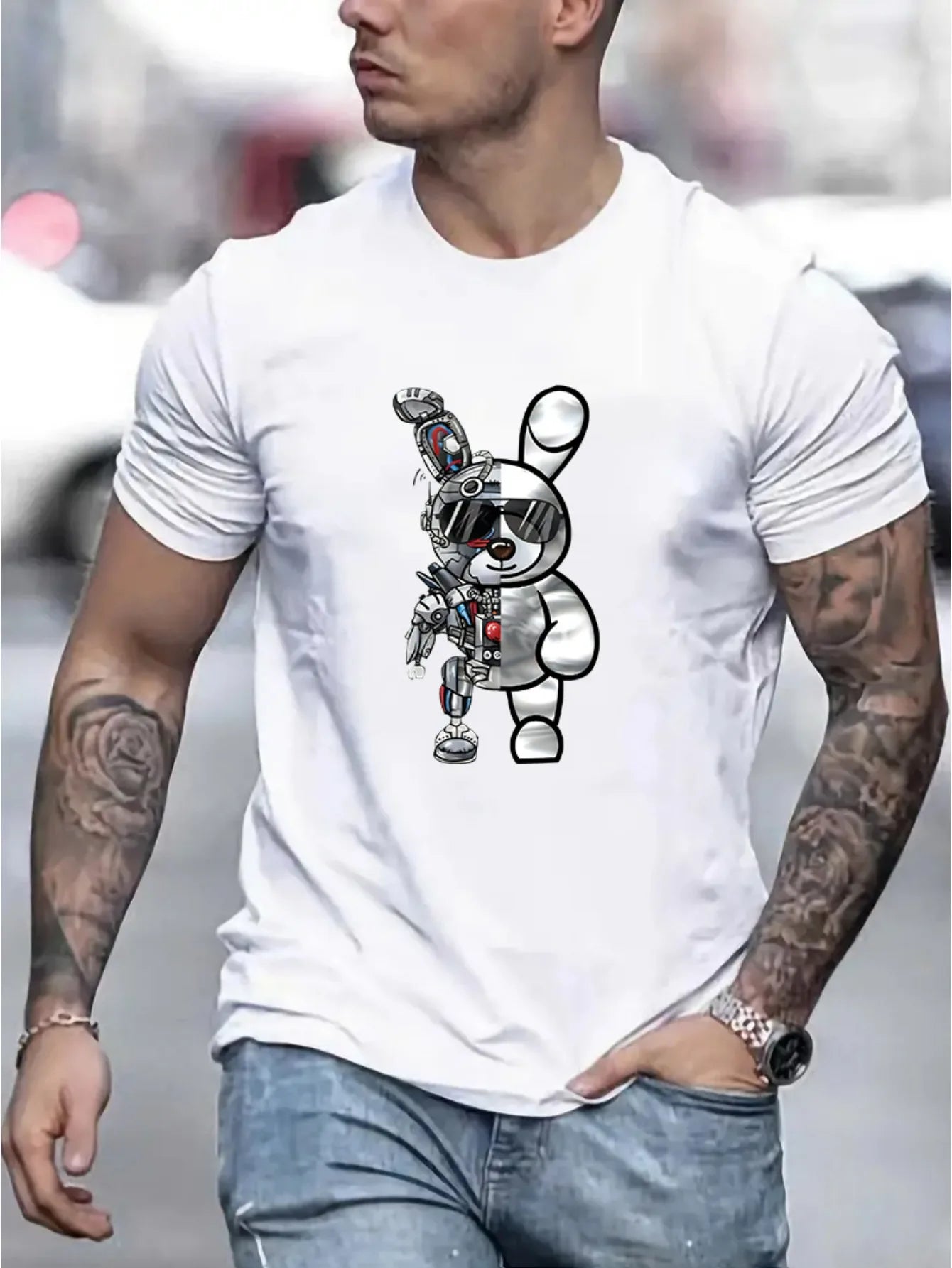 Men's summer 100 cotton fashionable casual loose cartoon mechanical Robot 🤖 Rabbit pattern printed round neck short sleeved T-shirt top