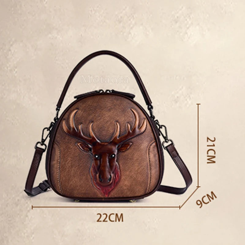 MOTAORA New Embossed Cowhide Shoulder Bag For Women Fashion Small Deer Head Crossbody Bags Chinese Style Genuine Leather Handbag