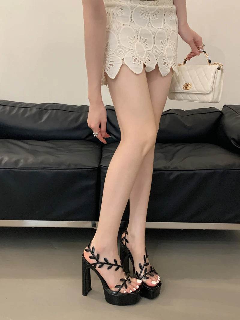 Women’s 13cm Gold Platform Heeled Sandals – Silver Leaves PVC Transparent Party Dress Shoes