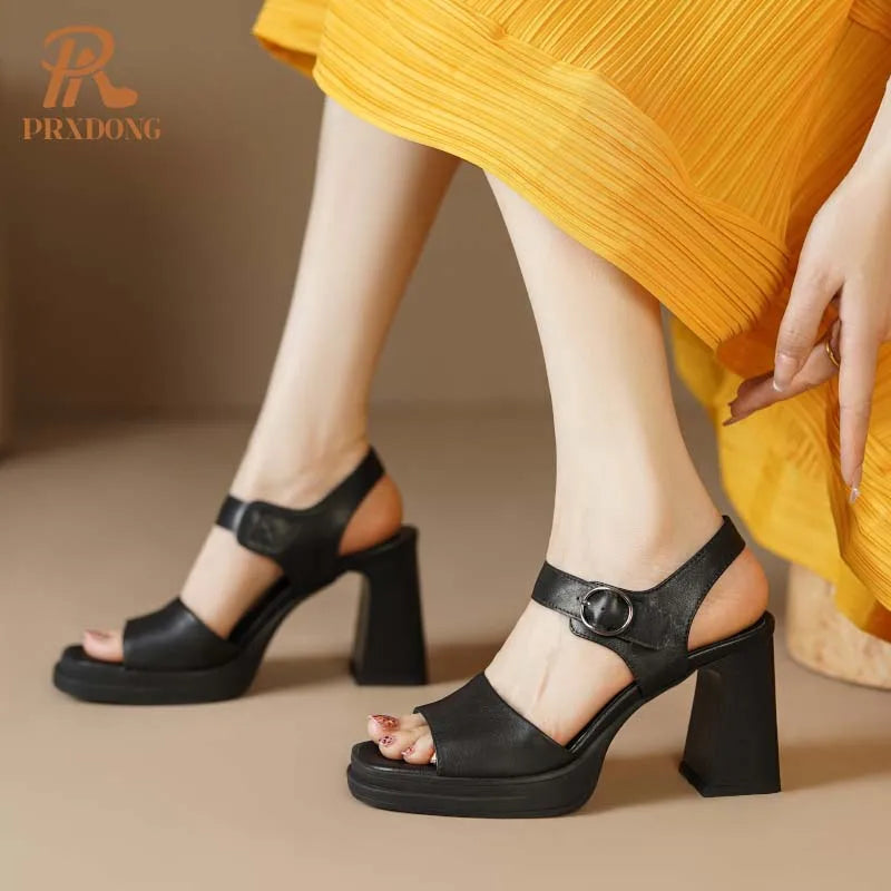 GrabliWorld Women’s Genuine Cow Suede Chunky High Heel Platform Sandals