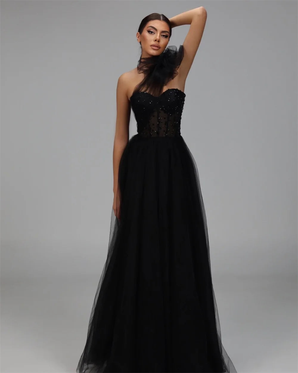 Mila One Shoulder Bow Ball Gown Tulle Evening Dresses Floor-Length Cut-out Party Dresses Empire Waist Customized Prom Dresses