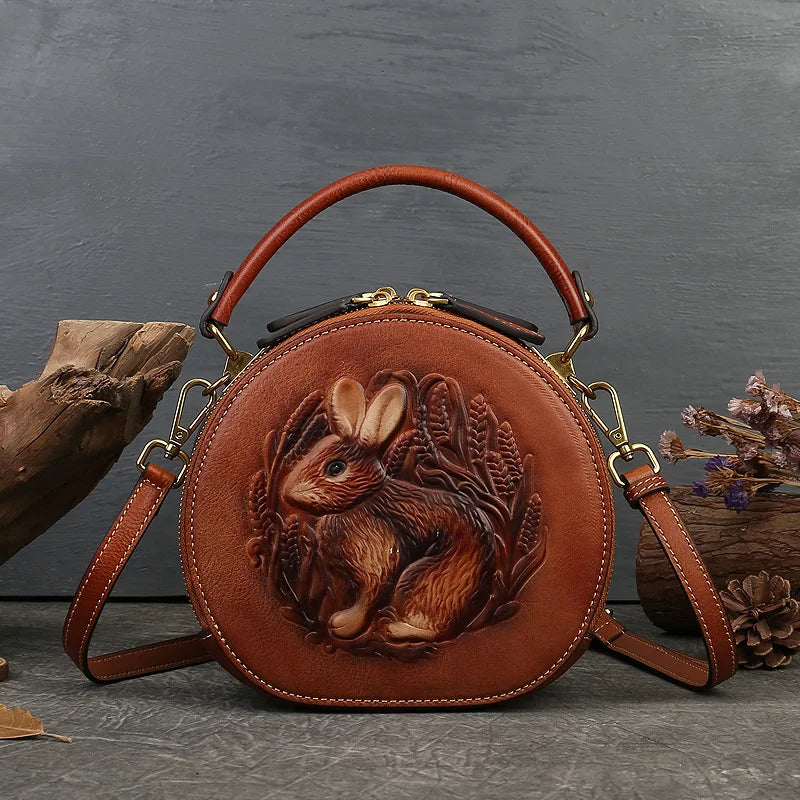 MOTAORA 2025 New Retro Round Women's Genuine Leather Handbags For Ladies Luxury Designer Rabbit Embossed Shoulder Messenger Bags