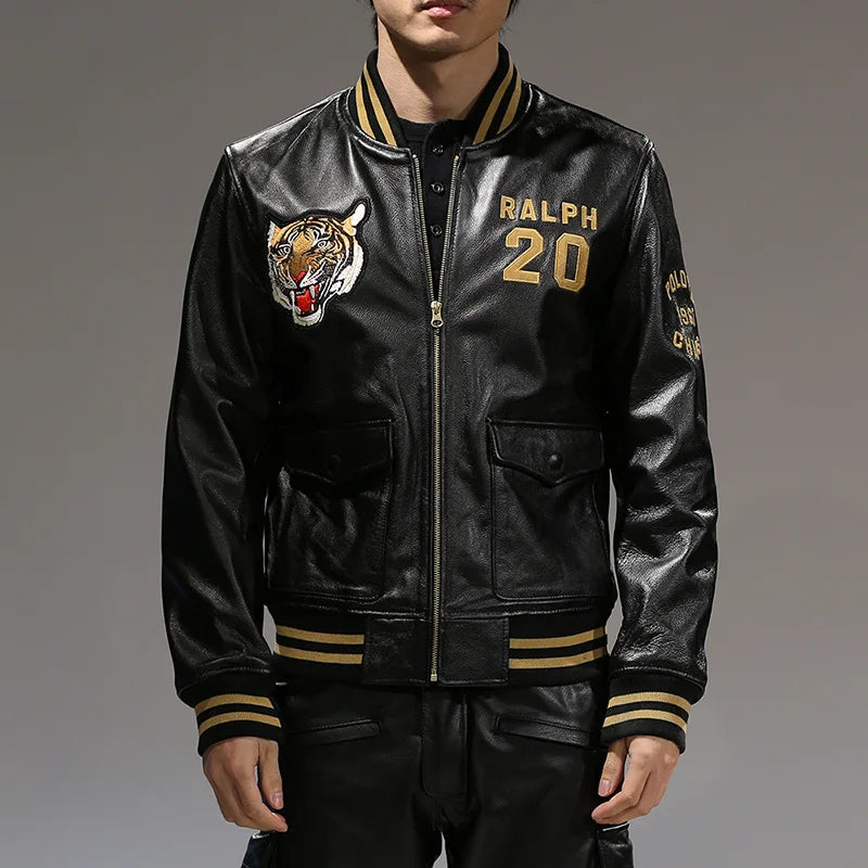 Men's top quality stand collar real leather jacket baseball tiger embroidery Fashion leisure first layer cowhide leather coat