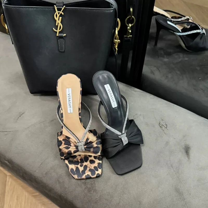 Leopard Satin Rhinestone One-Strap Sandals Women 2025 Summer New Bow Open-Toe Thin High-Heeled Slippers Casual Fashion pump